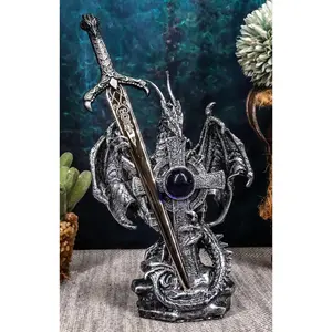 Ebros Gift Legendary Silver Dragon Guardian of The Celtic High Cross Letter Opener Figurine Sculpture Home and Office Decorative Sculpture Medieval Renaissance Dungeons and Dragons Fantasy