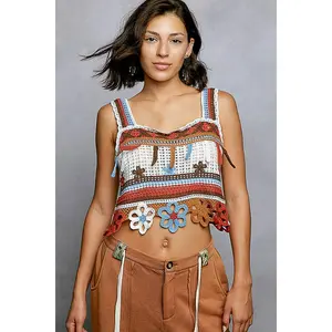 POL Cutout Flower Cropped Crochet Cami with with Dangle Detail