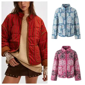 European and American style quilted floral cotton coat women's autumn and winter new stand-up collar warm small cotton-padded ja