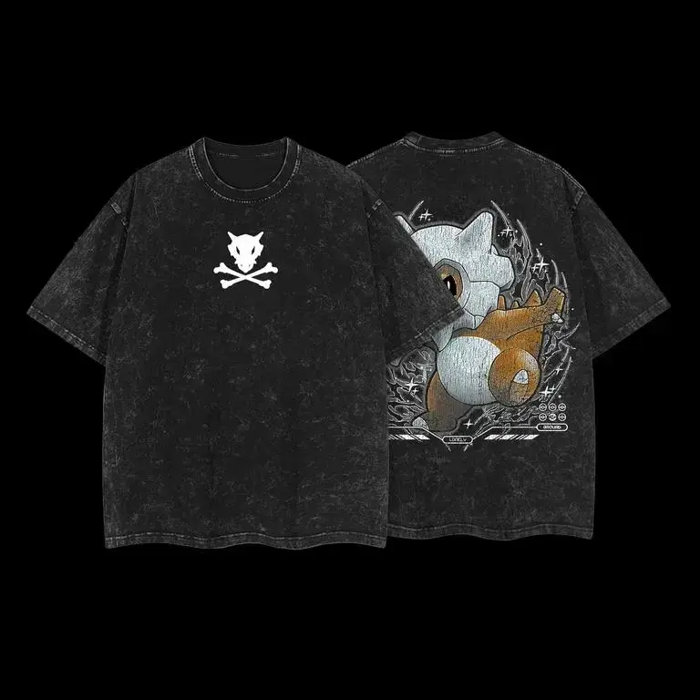 Pocket Monsters "Cubone" Vintage Unisex Oversize Anime Manga Acid Washed Heavyweight Cotton T-shirt for Fans