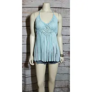 Light blue cotton beach festival macramé tunic top