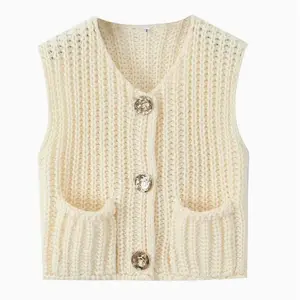 Women's Sleeveless Cropped Chunky Knit Sweater Vest with Pockets Casual Cosy Button Down Beach Fabric Bikini Top Short Trendy Cardigan Cotton Jersey Knitwear Lightweight Slim Fit Elegance