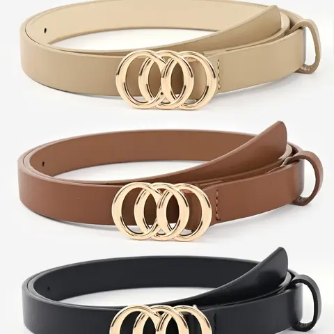 3-Piece Women's Solid Color Skinny Elegance Design Belt Set, Casual PU Leather Craftsmanship Belts with Round Buckle, Durable for Everyday Wear, Modern Buckle Belts Matching Belt