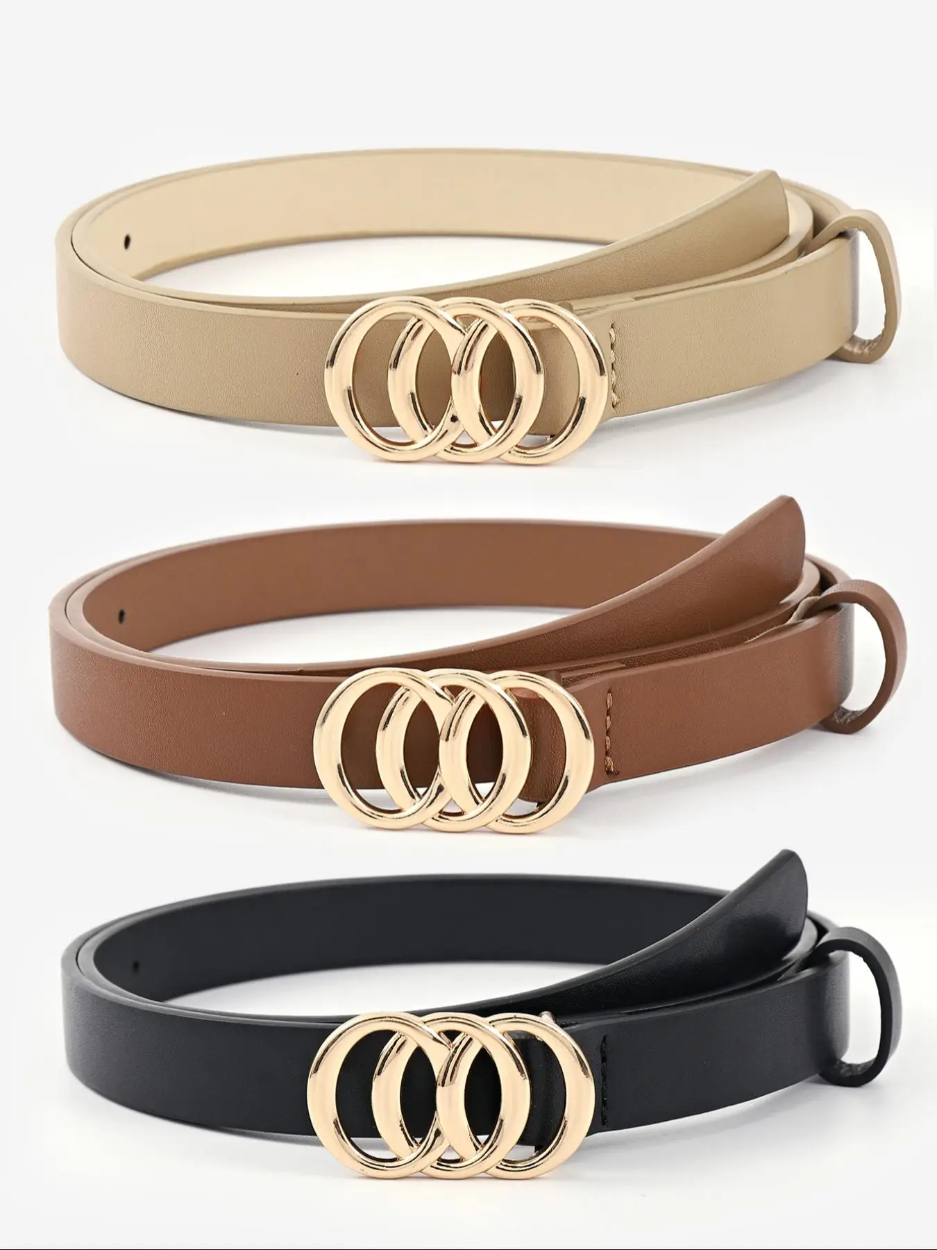 3 Piece Women's Solid Color Skinny Belts Set, Casual Round Detail PU Leather Durable Belts