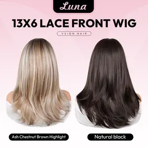 [New] VSIGN Ash Chestnut Brown Highlight Natural Black 13×6 HD Lace Frontal Straight Layer Free part Pre-Plucked Hairline Heat Resistant Synthetic wig [Luna]
