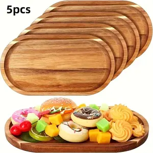 5 Piece Wooden Serving Tray Set, Oval Wood Plate for Kitchen and Restaurant, Natural Wood Small Plates for Parties and Bbqs