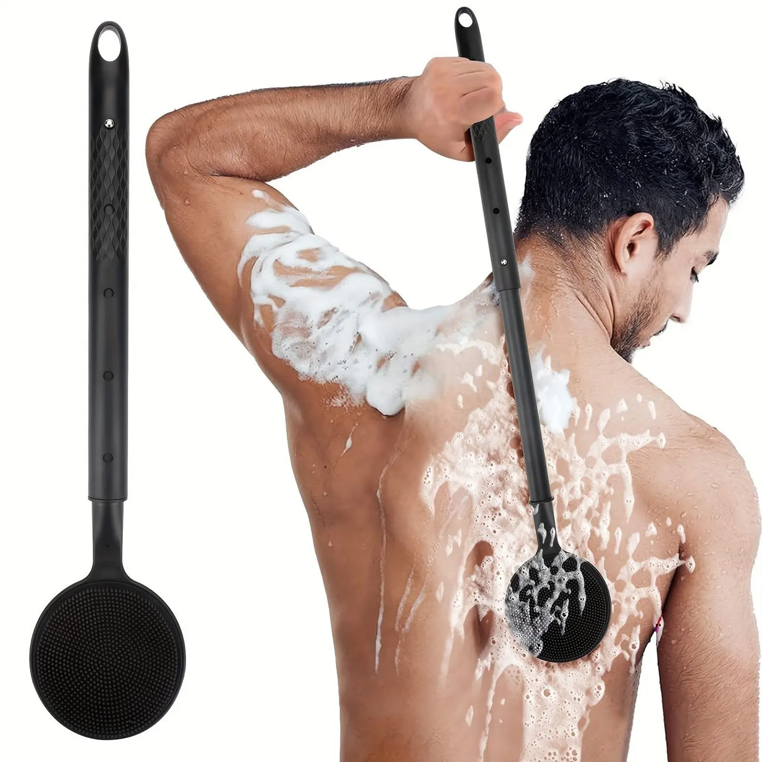 Back Scrubber for Shower, (16-23.5 Inch) Extendable Bath Brush Long Handle for Shower, Silicone Body Scrubber with Handle, Back Brush for Shower Men and Women,Easy to Clean (Black) Black Scrubber Men's