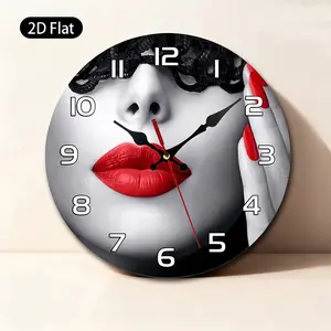 1pc 2D Flat Wall Clock | Red Lips, Black Lace, Red Nails, Round Wooden Design, Suitable for Living Room, Bedroom, Office, Cafe, Hotel Decor