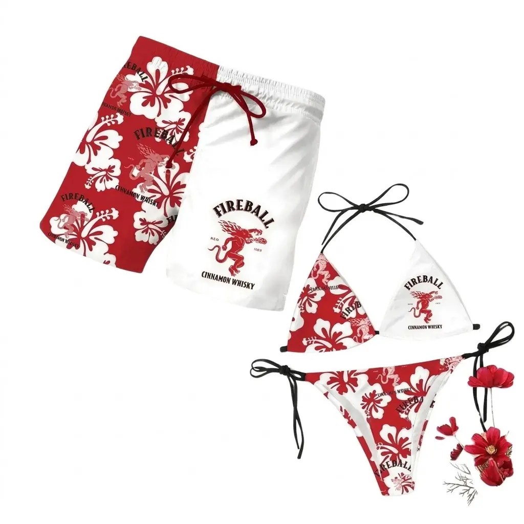 Matching Couples Hawaiian Floral Swimwear Set, Tropical Hibiscus Triangle String Bikini & Men's Quick Dry Swim Trunks, Red White Beach Swimsuit, Summer Vacation Pool Party Bathing Suit, Resort Swimwear Gift for Couples