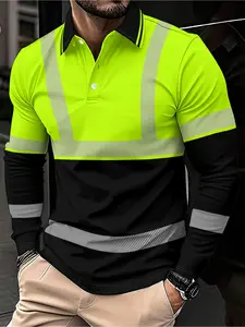 Men's casual autumn and winter tooling printed long-sleeved POLO shirt - contrasting color design, orange, black and neon green optional, lapel, light and breathable, durable fabric shirt, outdoor labor shirt, bold print design, warehouse staff only