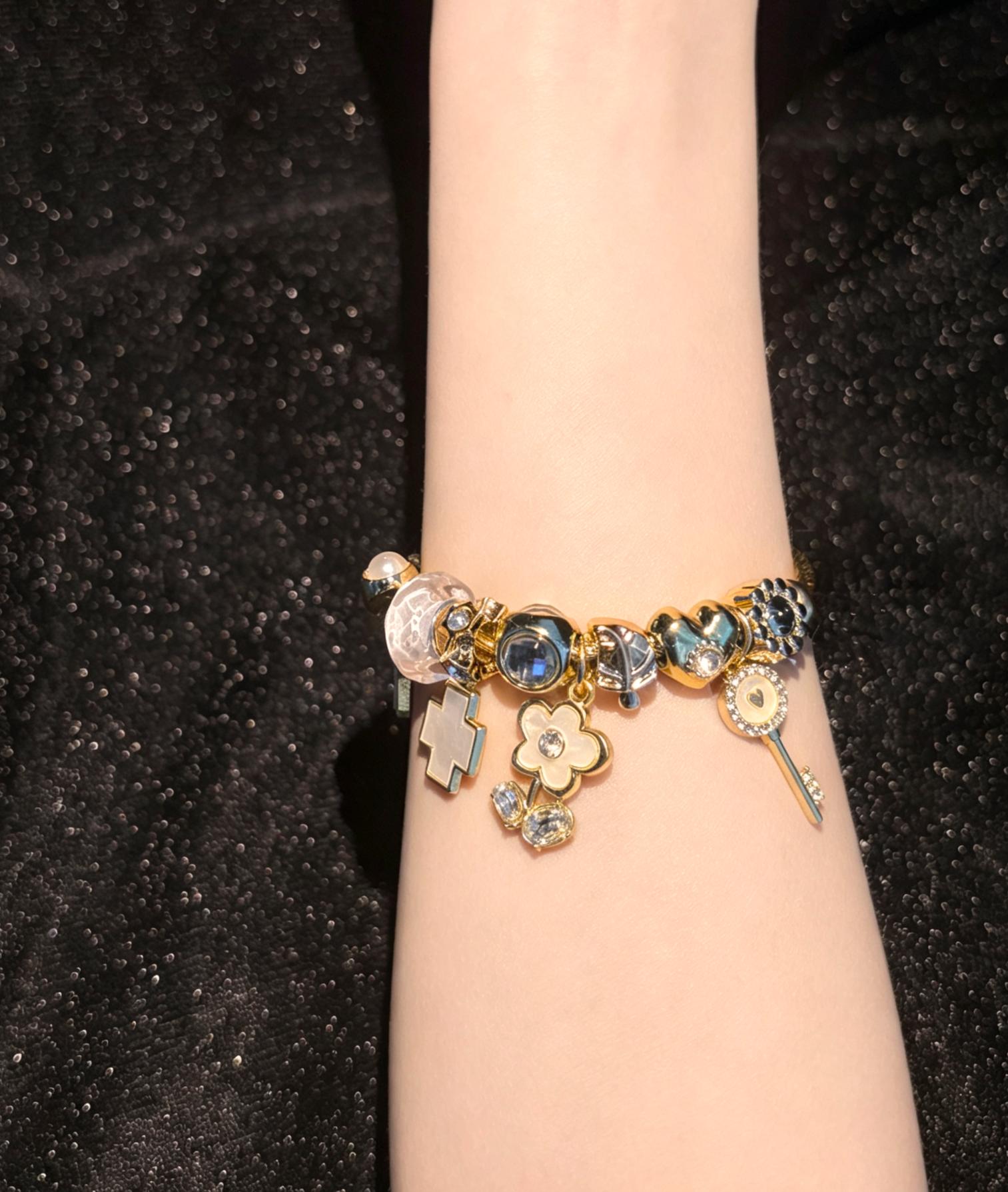 Gold-Tone Open Cuff Bangle Bracelet with Star, Cross, Flower, Key Multi-Charm Rhinestone Decor - Stackable Fashion Jewelry Gift for Women