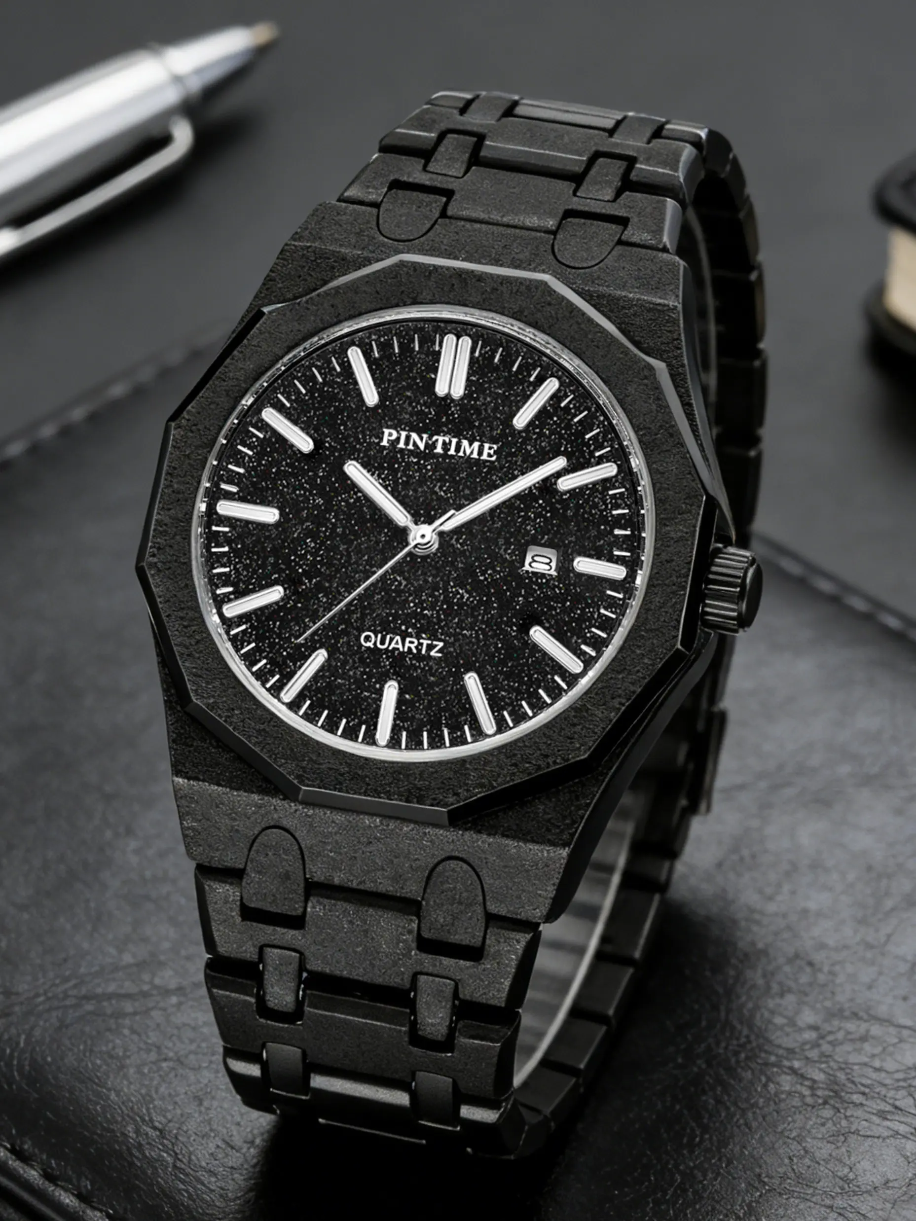Men's Quartz Watch, Textured Shell Starry Dial, Trendy Hip-Hop Design, Stylish Watch, Waterproof Luminous Business Calendar Wristwatch, Casual Trendy Wristwatch