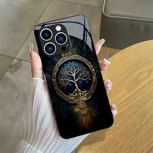 Suitable for [iPhone 12 Pro Max] high-end phone case🤩， high-end patterns，blue and gold tree of life pattern new black phone，drop-resistant and fingerprint-proof YM99