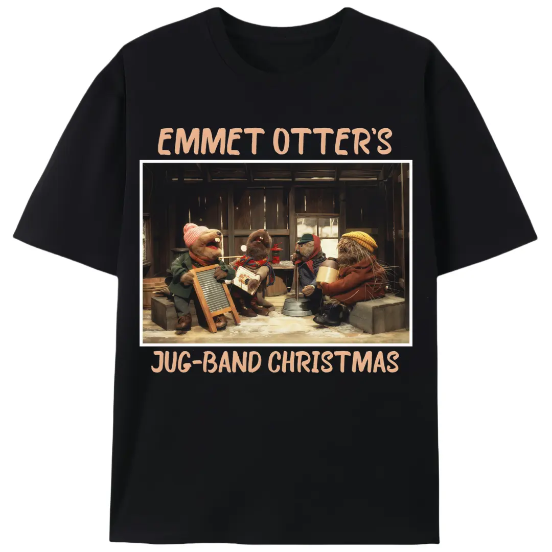 2025 New Summer Menswear Short-Sleeve Stretch 100% Cotton Knitting Graphic T-Shirt - Premium Round Neck, Emmet Otter's Jug-Band Theme Print, Retro Vintage Fitted Cut, Solid Color, Black & White Options, Casual S-5XL Tops