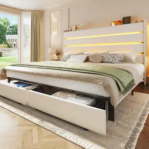 King Bed Frame with 2 Storage Drawers, Velvet Upholstered Bed Frame King Size Upholstered Headboard with LED Light & Charging Station, Platform Bedframe with Metal Slats, No Box Spring Needed, White