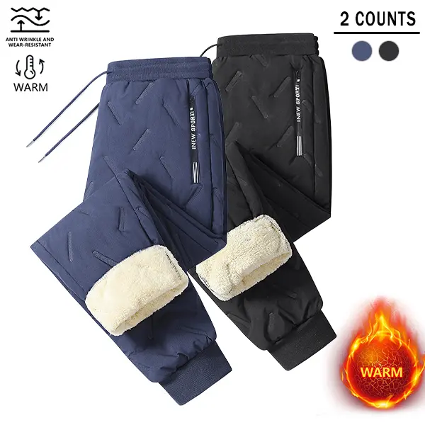 Men's Casual Plain Winter Pants, Warm 2-Piece Fleece-Lined Set with Stretch Waistband for Cold Weather, Thermal, Menswear