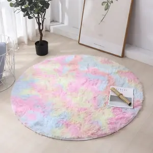 Round Rainbow Color Washable Princess Carpet, Bedroom Bedside Rug, Living Room Sofa Table Cover, Anti-Slip Thick Plush Area Rug