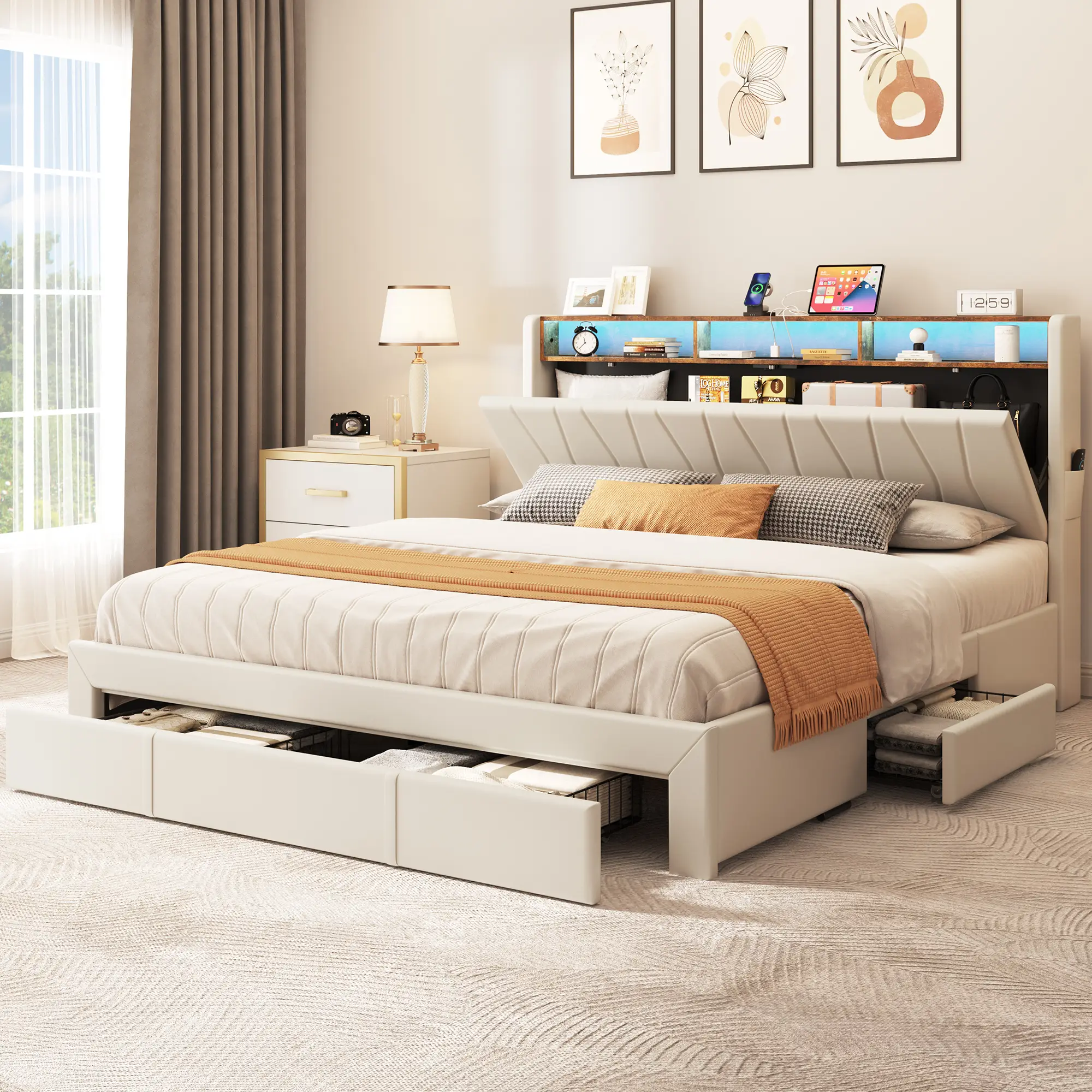 Yitahome King Size Bed Frame, Storage Bed Frame w/LED Lighting & 4 Drawers, Upholstered Platform Bed Frame with Charging Station & Storage Headboard,