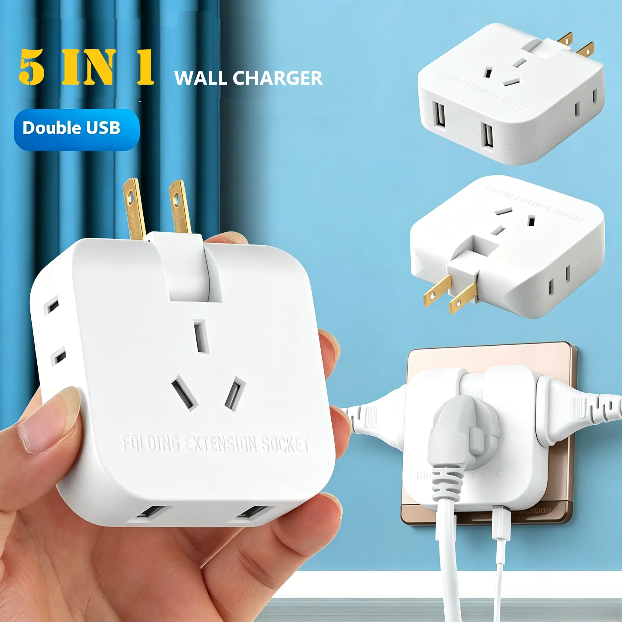 Multi Plug Wall Outlet Extender with Rotating Plug, 5 AC Multi Plug Outlet with 2 USB Ports (USB C), Wall Charger, 3-Sided Power Strip with Spaced Outlet Splitter for Home, Office, Travel