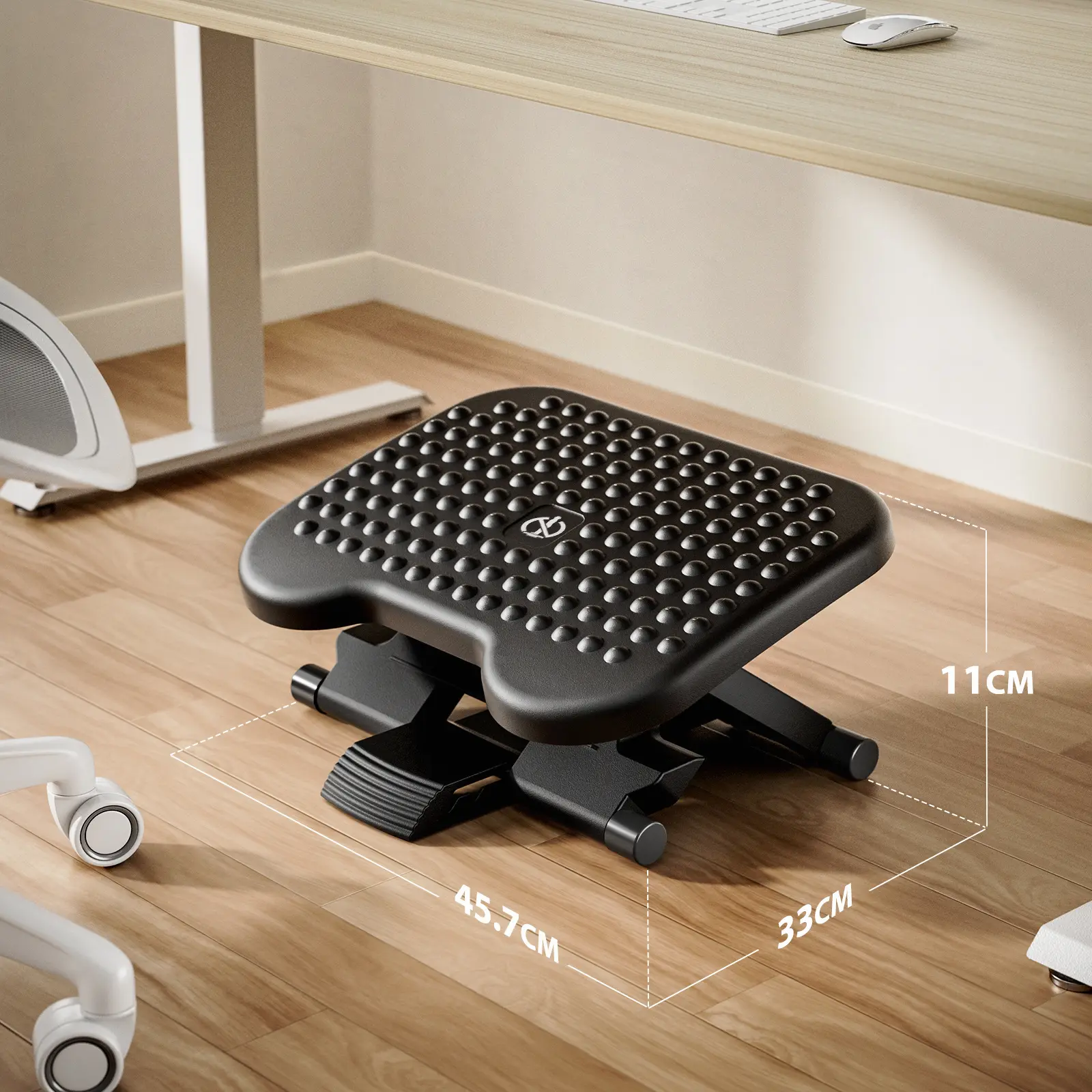 Adjustable Under-Desk Footrest with Massage Wheels, Under-Desk Footrest, Home Office Three-Position Height and 30-Degree Tilt Adjustable