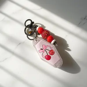 Motel and Beaded Keychain with Pink Bow Red Cherries & Beads