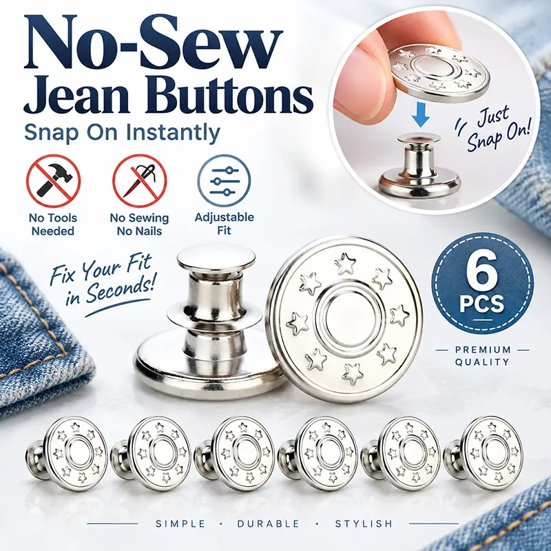 No-sew Instant Button for Jean, 6 Counts Round Detachable Metal Buttons, Clothes Accessories for Men & Women, Household Sewing Accessories for Jeans Trousers Clothes, Summer Essentials