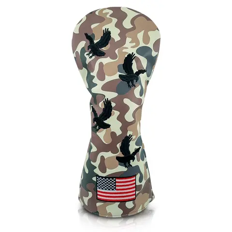 CURVES & CLUBS Camo USA Bald Eagle Golf Headcover - Durable Padded Driver, 3-Wood & Hybrid Protection, Elastic Closure, Camouflage Print with Embroidered Eagle and American Flag Patch for Golf Outdoor