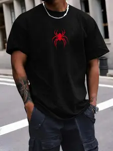 Men's Spider Print Round Neck Tee, Regular Fit Casual Short Sleeve Crew Neck T-Shirt for Summer, Fashion Men's Top for Daily Wear, Casual Style Tee, Tropical, Casual Summer Clothes