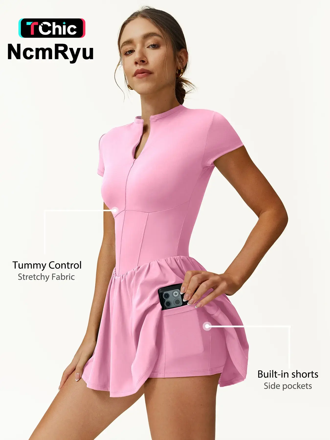Women's Sporty Plain Color Waist Cinched Short Sleeve Pocketed Jumpsuit, Anti-Slip Inner Pocket Front Zip Design, Yoga Tennis Gym Training Outdoors, Jumpsuit with Pockets
