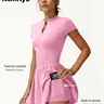 Women's Sporty Plain Color Waist Cinched Short Sleeve Pocketed Jumpsuit, Anti-Slip Inner Pocket Front Zip Design, Yoga Tennis Gym Training Outdoors, Jumpsuit with Pockets, Workout Fitness Jumpsuit
