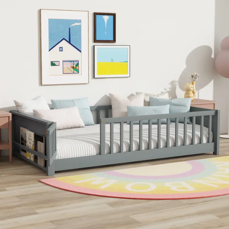 Twin Size Floor Bed with Slats and Safety Guardrails, Montessori Floor Beds with Built-in Book Rack and Door, Easy Assemble Floor Bed