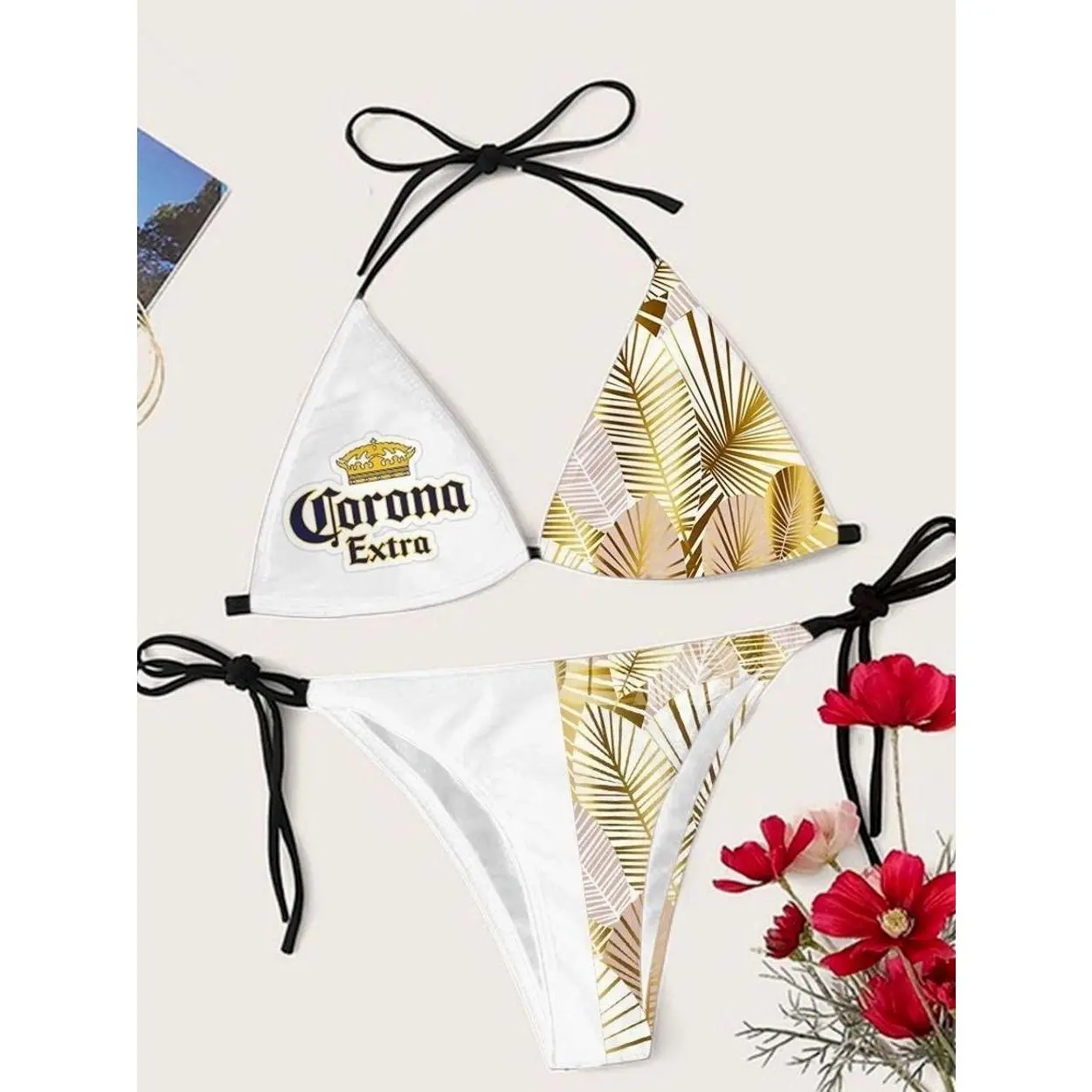 Corona Extra Casual Beach Vacation Gold Leaf Drinking Triangle Bikini Set Z8X MMV