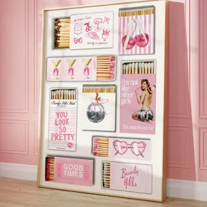 Pink Coquette Matchbox Art Print Trendy Matches Poster, Vintage Retro Matchbook Wall Art Decor Photo