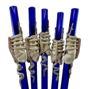 Facehugger Glass Straw - Reusable Hand Blown 9” Cobalt Blue Straw with Flamework Caramel Xenomorph for Classic Drinking Experience - Drinkware
