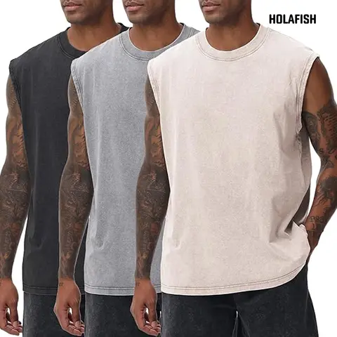 Holafish Men's 3-Pack Round Crew Neck Sleeveless Muscle Tank Tee - Retro Chic Vintage Cotton Fabric, Loose-Fit, Acid Wash, New Year Training Undershirts for Gym, Running