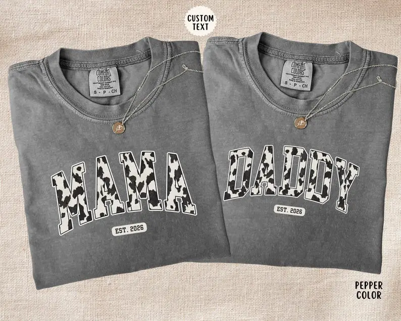 Comfort Colors Cowboy Mama Daddy T-Shirt, Cow Baby Reveal Gift For New Parents, Matching Western Mama Dada Shirt, Trendy Graphic Tee, Pregnancy Announcement