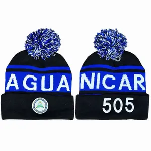 Beanie Nicaragua 505 with Blue Pom-Pom White Text for Men Black Knit Beanie Cap