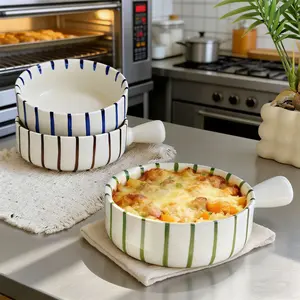 Ceramic Bowl with Handle, Simple Striped Baking Dish, Oven Safe, Ceramic Tray, Perfect for Cooking and Serving, Bakeware, Essential Bakeware