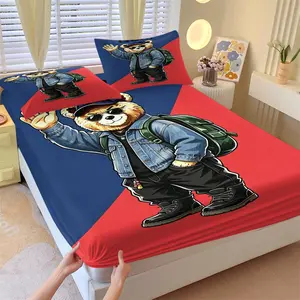 Stylish bear pattern printed bedspread, including 1 bed sheet and 2 pillowcases, with anti-slip dust cover suitable for bedrooms and guest rooms, perfect for personal use or gifting