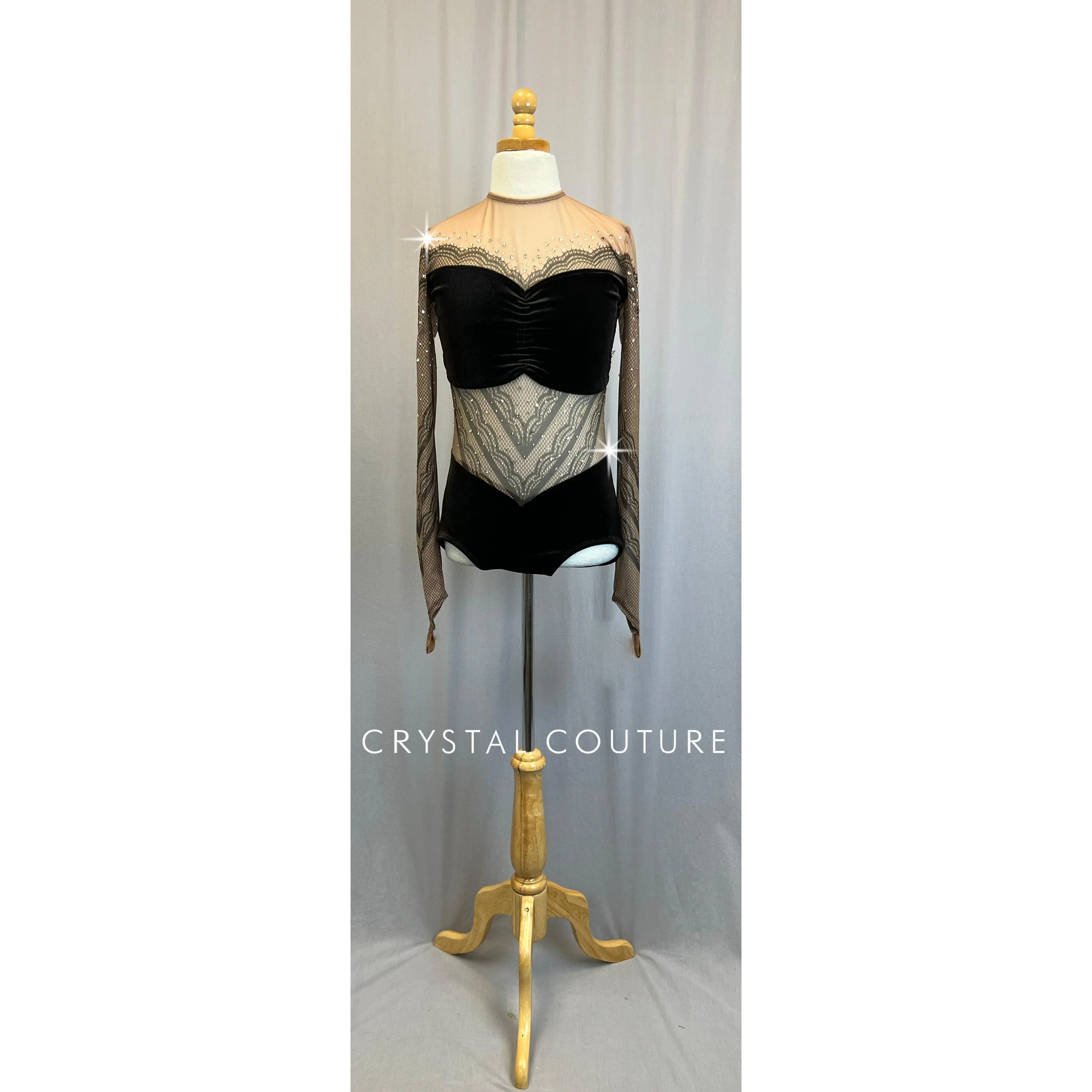 *Brand New* Brown Velvet and Tan Mesh Long Sleeve Leotard  - Rhinestones