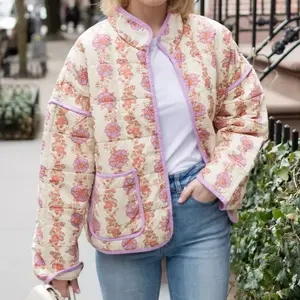 Songling Women's Cropped Puffer Jacket Lightweight Floral Printed Open Front Quilted Coat Winter Warm Outwear Outerwear Cardigans in Cotton Material Womenswear Comfy TikTokShopBlackFriday