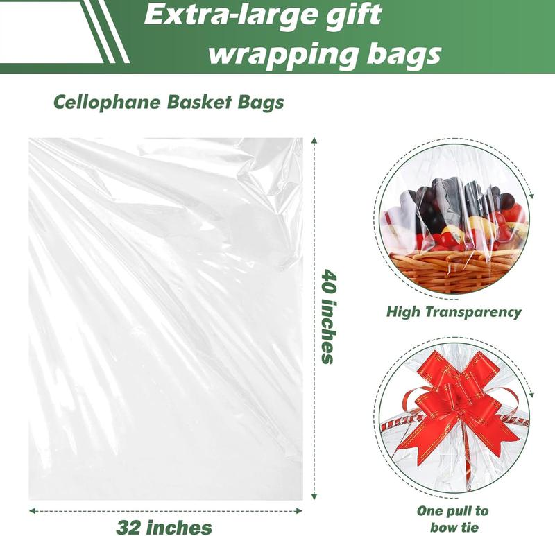 50 Packs 32 x 40 Inches Extra-large Cellophane Bags for Basket  Clear Cellophane Wraps Clear Huge Cello Bags for Baskets, Gifts, Christmas Trees, , Arts and Crafts, 50ct Ribbon Bows