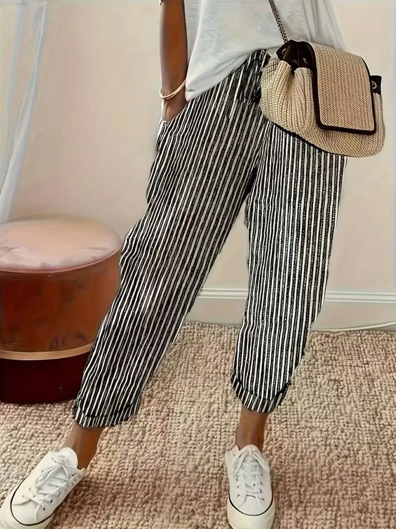 Women's Striped Casual Harem Pants, Elastic-Waist Slimming Ankle-Length Carrot Pants, Baggy
