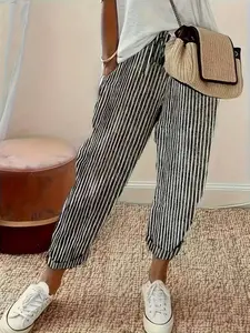 Women's New Commuter Striped Casual Harem Pants, Elastic Waist Slimming Nine-Inch Carrot Pants, Versatile Fashionable Bottoms, Casual Fashion Loose, Casual Chic Trousers, Casual Street Trousers