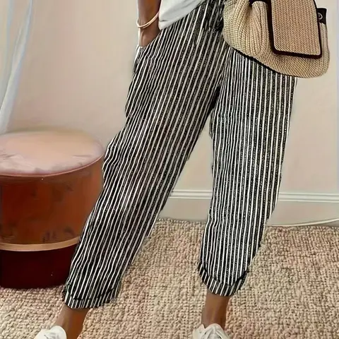Women's New Commuter Striped Casual Harem Pants, Elastic Waist Slimming Nine-Inch Carrot Pants, Versatile Fashionable Bottoms, Casual Commuter Design