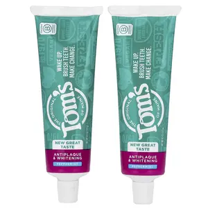 Tom's of Maine Antiplaque & Whitening Toothpaste, Fluoride Free, Peppermint, 2 Count, 4.5 oz (127 g) Each