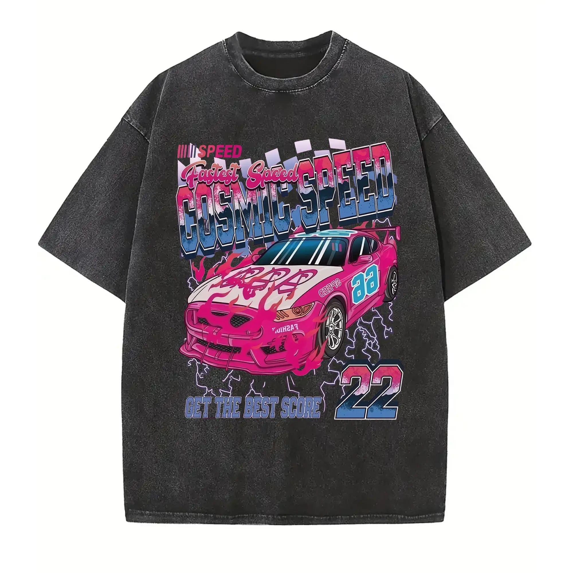 Vintage Racing Graphic Tee | Retro Cosmic Speed T-Shirt | Y2K Aesthetic Pink Race Car Top | Heavyweight Oversized Washed Streetwear Unisex Shirt Menswear Crewneck