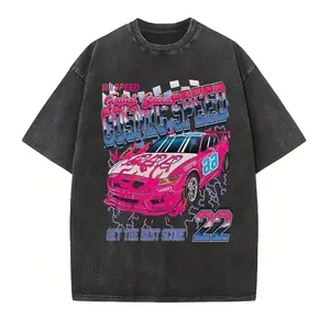 Vintage Racing Graphic Tee | Retro Cosmic Speed T-Shirt | Y2K Aesthetic Pink Race Car Top | Heavyweight Oversized Washed Streetwear Unisex Shirt Menswear Crewneck