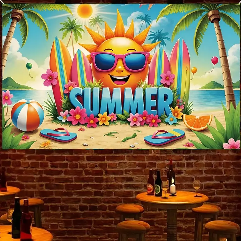 Polyester Tropical Summer Backdrop Banner - Vibrant Palm Trees, Sun, Colorful Beach Balls Design, Outdoor Use, Birthday Decorations