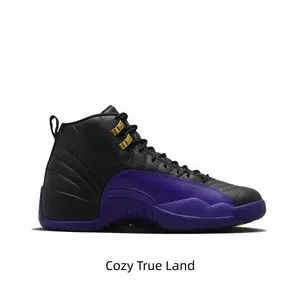Black leather high-top sneakers with metallic gold lace hardware & vibrant deep purple rubber midsole